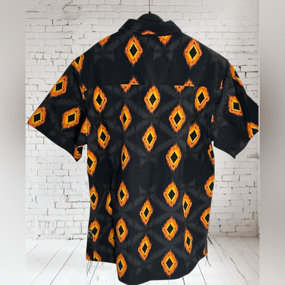 PRPS Mens Short Sleeve Summer-Weight ResortWear Sz L 100% Cotton Shirt Blk/Org - Picture 7 of 12